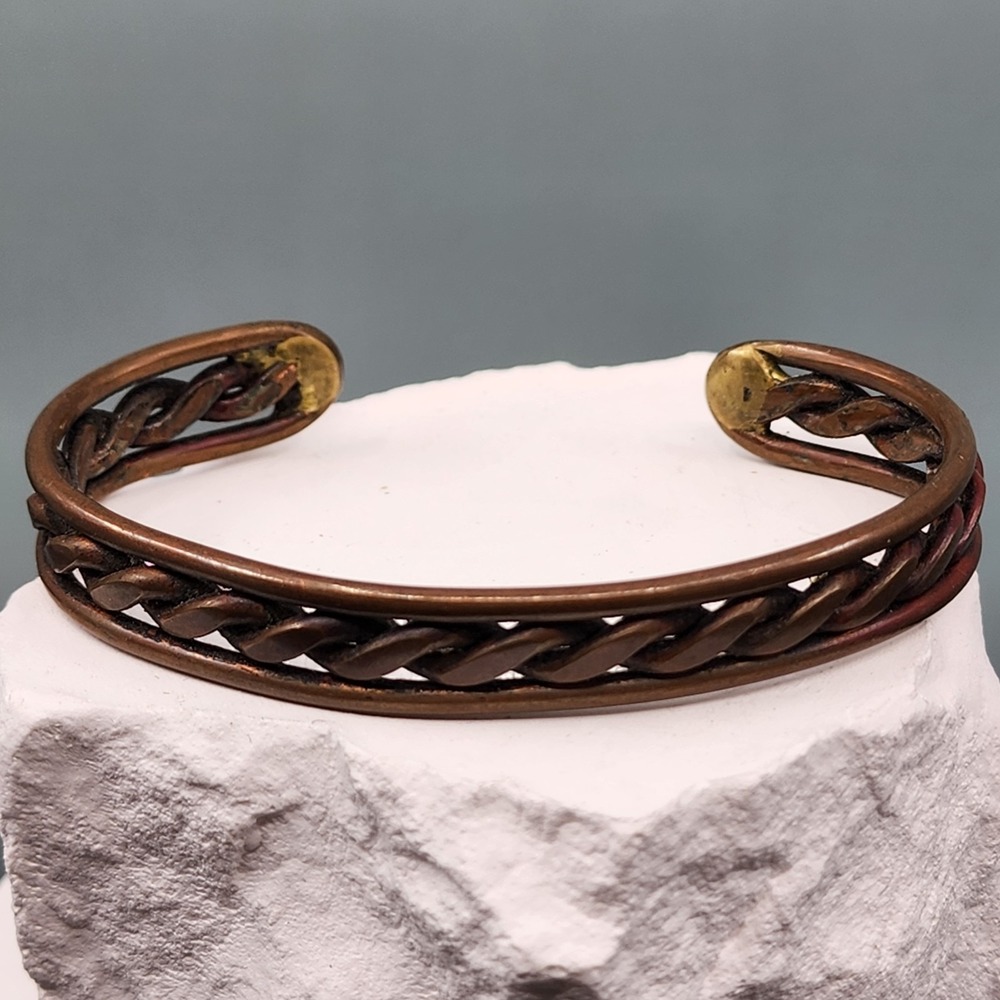 Braided Copper Tone Open Cuff Bracelet Twisted Wire Rustic Boho Statement Bangle